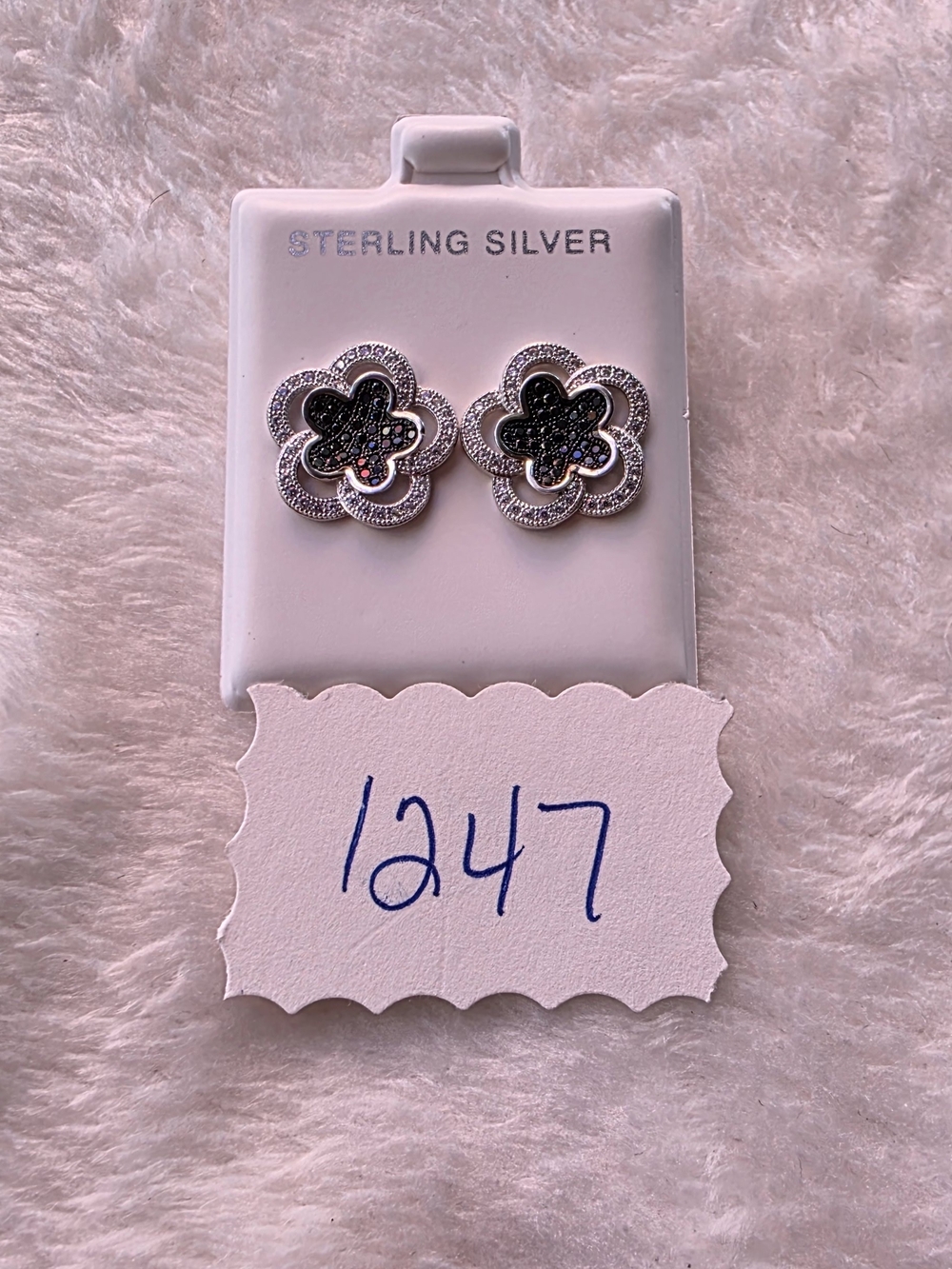 Sterling Silver Black Floral Stud Earrings